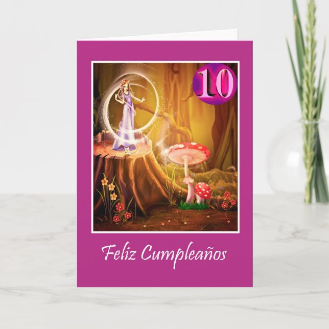 Spanish birthday for 10 year old girl with fairy card (Front)