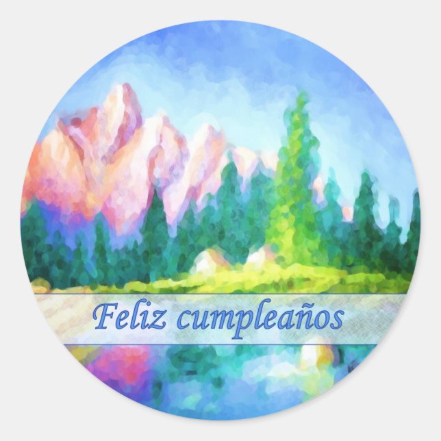Spanish Birthday Pink Mountain Round Sticker (Front)