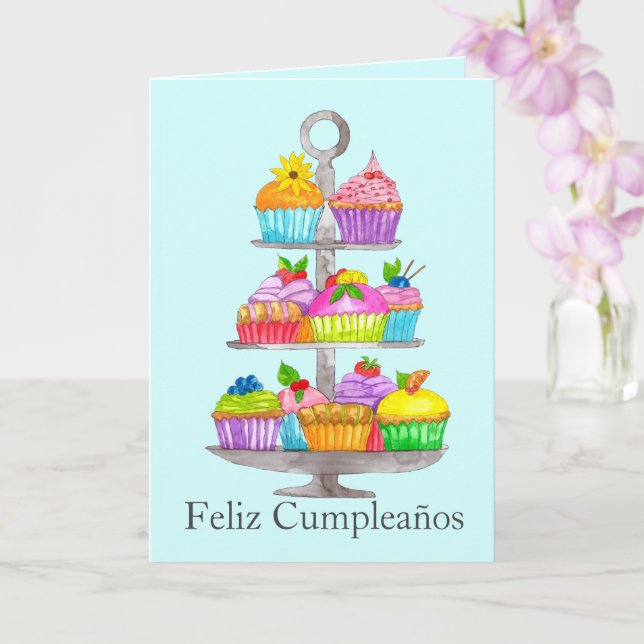Spanish Birthday Watercolor cupcakes  Card (Orchid)