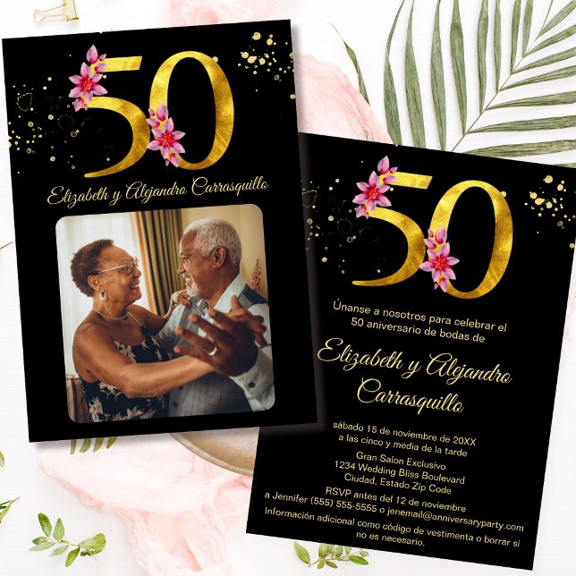 Spanish Black Gold Photo Floral 50th Anniversary Invitation (Creator Uploaded)