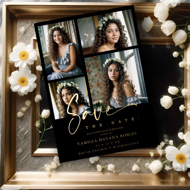 Spanish Black Trendy Quinceañera Collage 4 Photos Foil Invitation (Spanish Black Trendy Quinceañera Collage 4 Photos Metallic Foil Save the Date Card. )