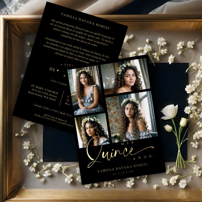 Spanish Black Trendy Quinceañera Collage 4 Photos Foil Invitation (Spanish Black Trendy Quinceañera Collage 4 Photos Metallic Foil Invitation Card. )
