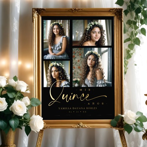 Spanish Black Trendy Quinceaera Collage 4 Photos Foil Prints