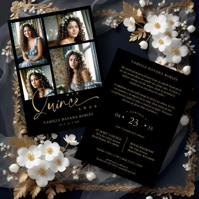 Spanish Black Trendy Quinceañera Collage 4 Photos Invitation (Spanish Black Trendy Quinceañera Collage 4 Photos Invitation Card.)