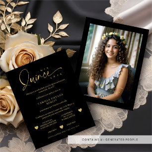 Spanish Black Trendy Quinceañera Collage 4 Photos RSVP Card