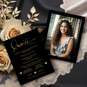 Spanish Black Trendy Quinceañera Collage 4 Photos RSVP Card