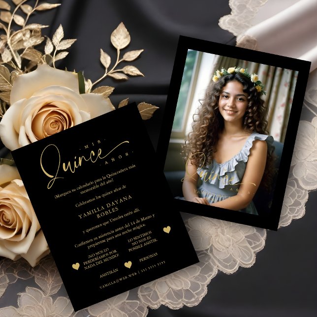 Spanish Black Trendy Quinceañera Collage 4 Photos RSVP Card (Spanish Black Trendy Quinceañera Collage 4 Photos RSVP Card. )