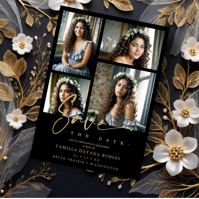 Spanish Black Trendy Quinceañera Collage 4 Photos Save The Date (Spanish Black Trendy Quinceañera Collage 4 Photos Save the Date Card.)