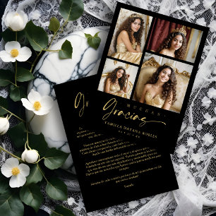Spanish Black Trendy Quinceañera Collage 4 Photos Thank You Card