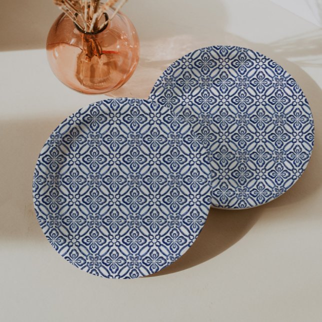 Spanish Blue And White Tiles Bridal Shower Brunch Paper Plates (Dark blue and white italian tile print paper plates for bridal shower or baby shower party)