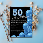 Spanish Blue Balloons Black Fun 50th Birthday Invitation<br><div class="desc">Celebra el 50º cumpleaños con nuestra elegante invitación en español, que presenta globos azules sobre un sofisticado fondo negro. El diseño destaca un marco de globos azules vibrantes y un número 50 en forma de globo en la parte superior. La frase "¡A Celebrar!" está elegantemente escrita en blanco con un...</div>
