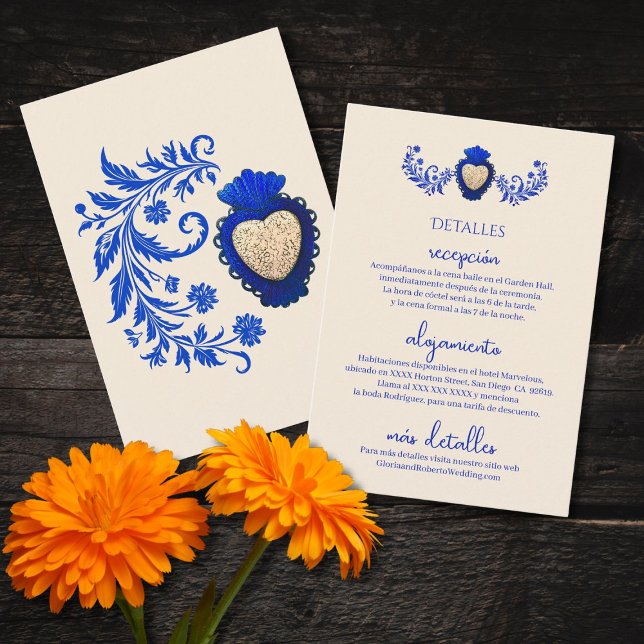 Spanish, Blue Champagne Heart Mexican Wedding Enclosure Card (Creator Uploaded)