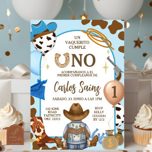 Spanish Blue Cowboy Boy First Birthday Invitation