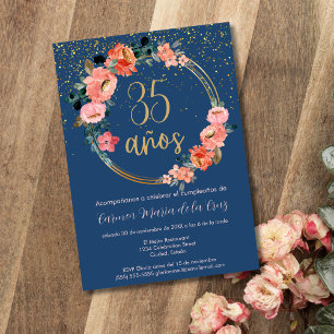 Spanish Blue Elegant Floral 35th Birthday Party Invitation