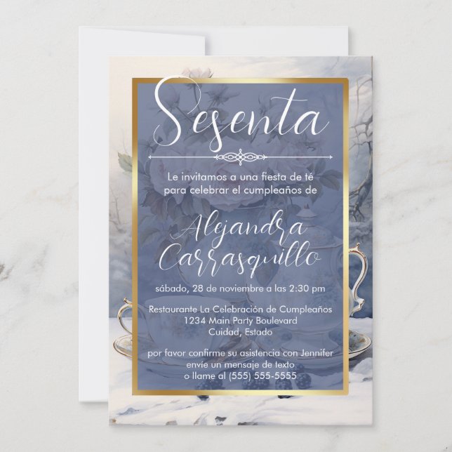 Spanish Blue Elegant Tea Party 60th Birthday Invitation (Front)