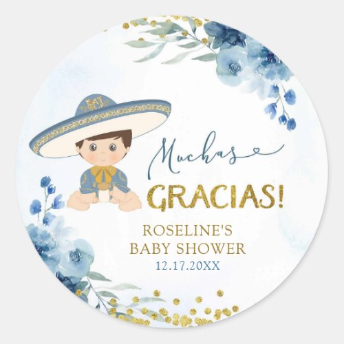Spanish Blue Es BinÌƒo Boy Baby Shower Gracias Classic Round Sticker