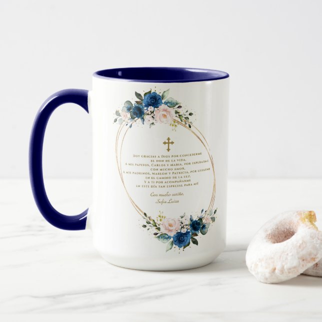 Spanish Blue Floral Gracias Con Oración Bautizo Mug (With Donut)