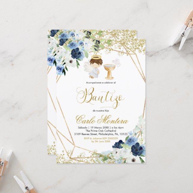 Spanish Blue Floral Niño Bautizo Invitacion Invitation