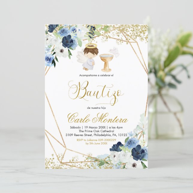 Spanish Blue Floral Niño Bautizo Invitacion Invitation