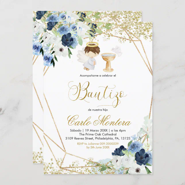 Spanish Blue Floral Niño Bautizo Invitacion Invitation