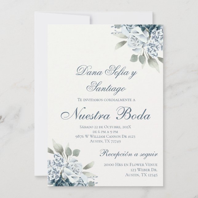 Spanish Blue floral Wedding Invitation (Front)