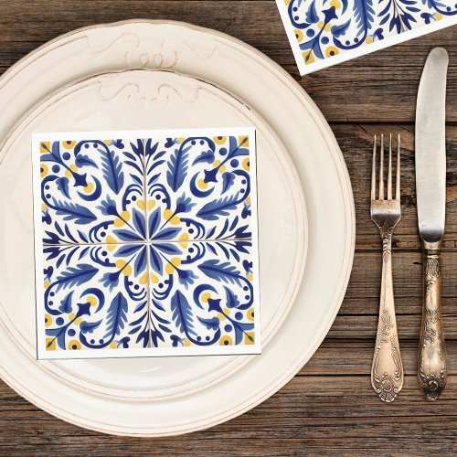 Spanish Blue Flower Yellow Lemons Napkins