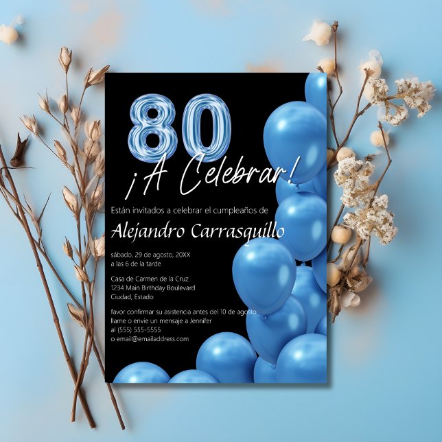 Spanish Blue Fun Balloons Black 80th Birthday Invitation (Creator Uploaded)