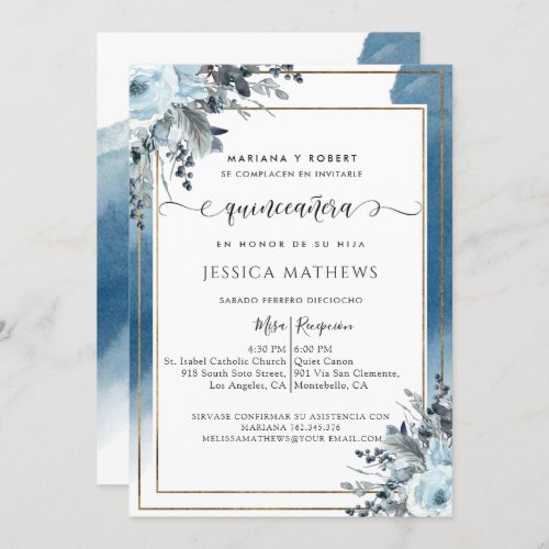 Spanish Blue Quinceaera Watercolor with Floral Invitation