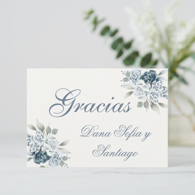 Spanish Blue Wedding Thank you RSVP Card (Standing Front)