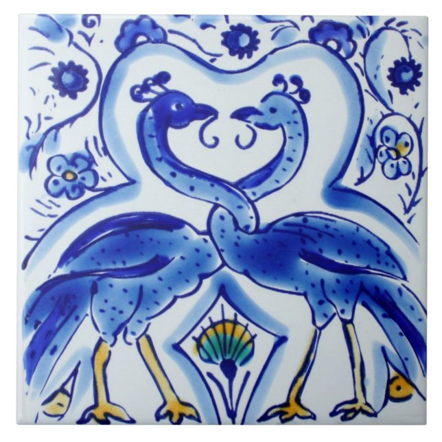 Spanish Blue & White Birds Ceramic Photo Tile (Front)