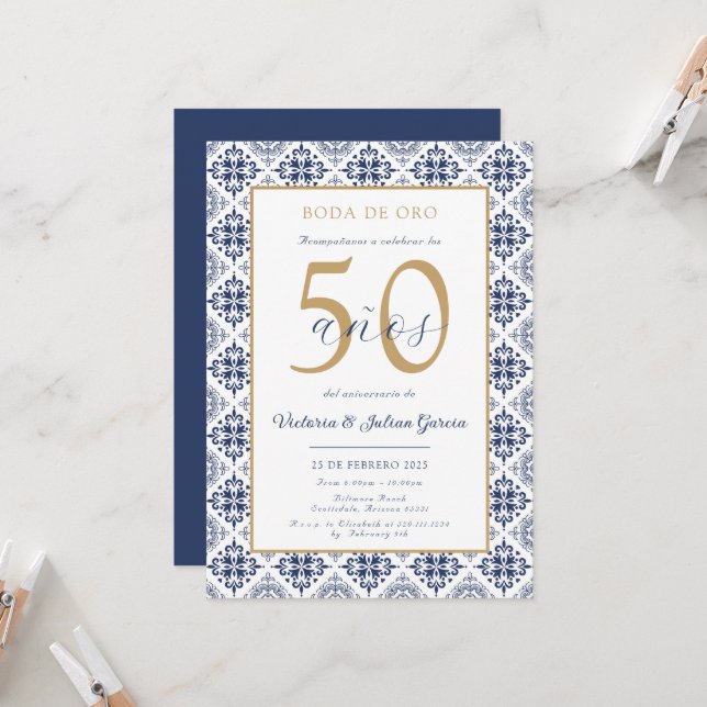 Spanish Blue White Wedding Anniversary Invitation (Front/Back In Situ)
