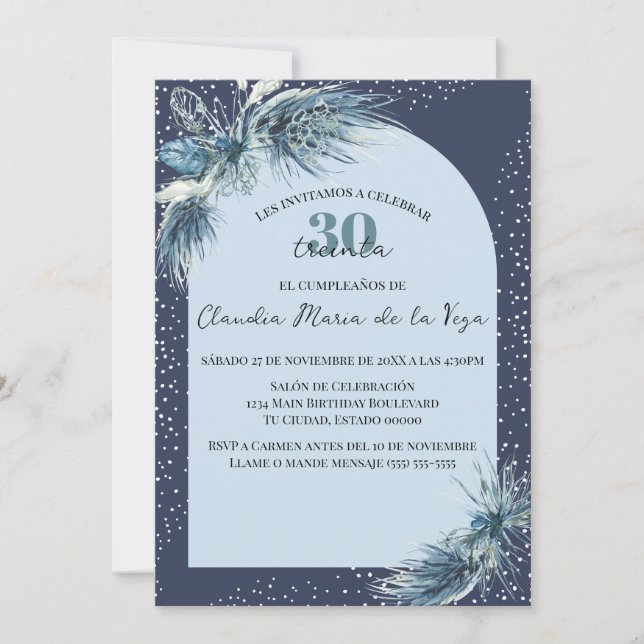 Spanish Blue Winter Florals 30th Birthday Party  Invitation (Front)