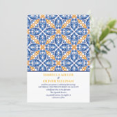 Spanish Blue Yellow Tile Mediterranean wedding Invitation (Standing Front)