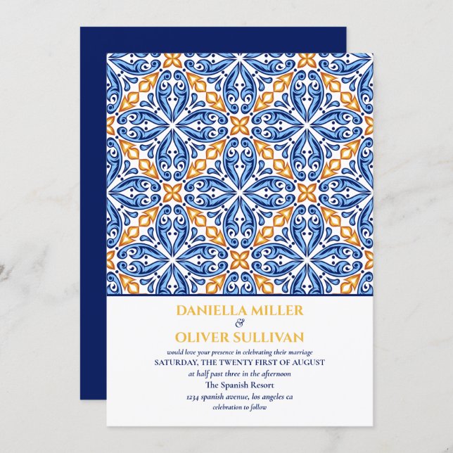 Spanish Blue Yellow Tile Mediterranean wedding Invitation (Front/Back)