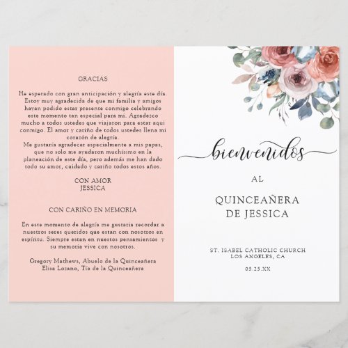 Spanish Blush and Blue Floral Quinceanera Program