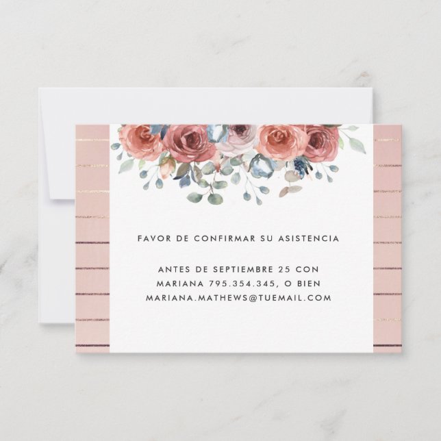 Spanish,  Blush and Dusty Blue Floral RSVP Card (Front)