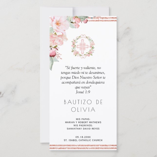Spanish Blush, Mint Floral Baptism Bookmark Favor Thank You Card (Front)