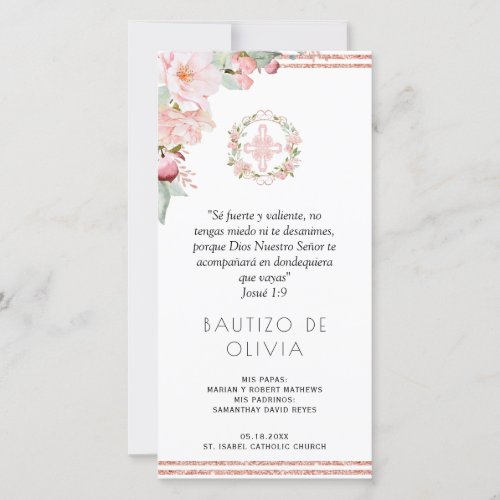 Spanish Blush Mint Floral Baptism Bookmark Favor Thank You Card