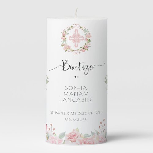 Spanish Blush Peach and Mint Floral Girl Baptism Pillar Candle