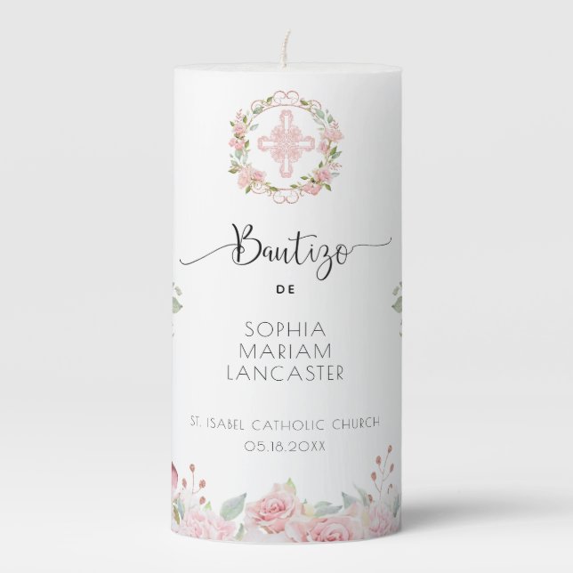 Spanish, Blush Peach and Mint Floral Girl Baptism Pillar Candle (Front)