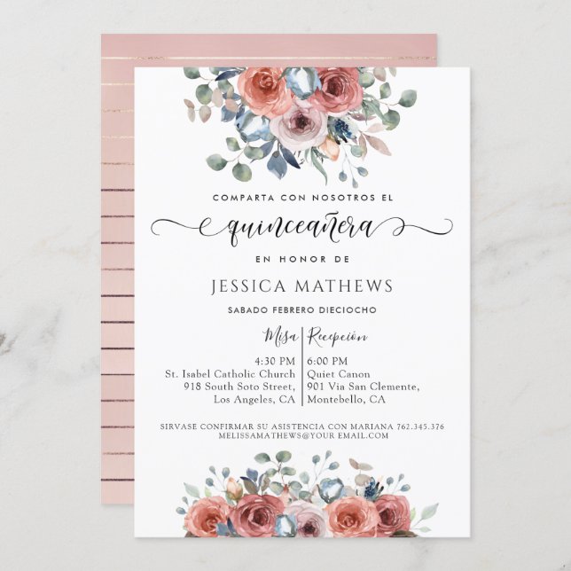 Spanish, Blush Pink and Blue Floral Quinceañera Invitation (Front/Back)