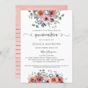 Spanish, Blush Pink and Blue Floral Quinceañera Invitation