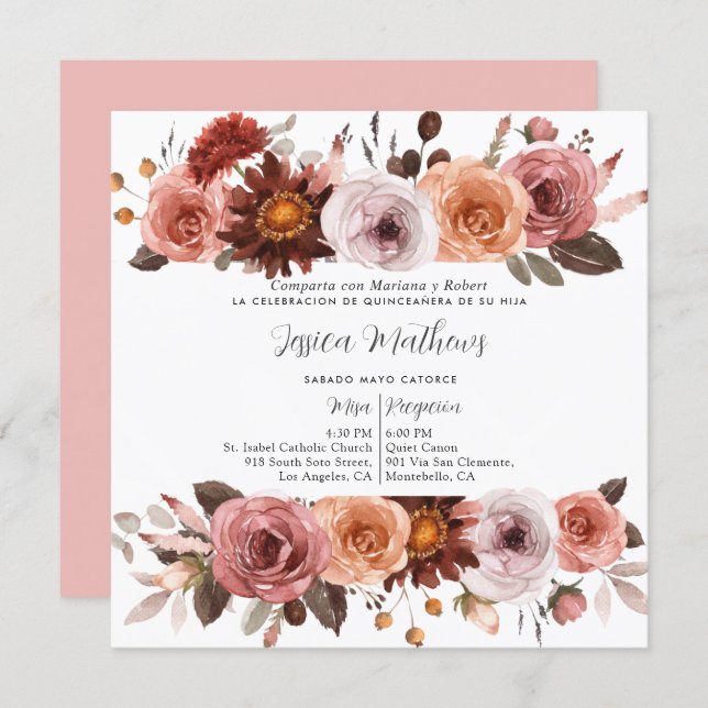 Spanish,Blush Pink and Burgundy Floral Quinceañera Invitation (Front/Back)
