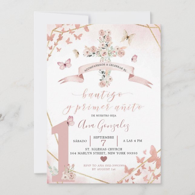 Spanish Blush Pink Butterfly Bautizo 1st Birthday Invitation (Front)