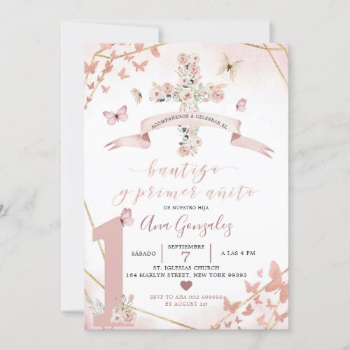 Spanish Blush Pink Butterfly Bautizo 1st Birthday Invitation