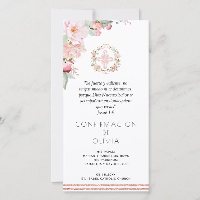 Spanish Blush Pink Confirmacion Bookmark Favor Thank You Card (Front)