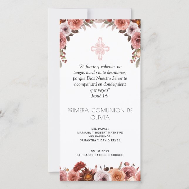 Spanish, Blush Pink First Communion Bookmark Favor Thank You Card (Front)