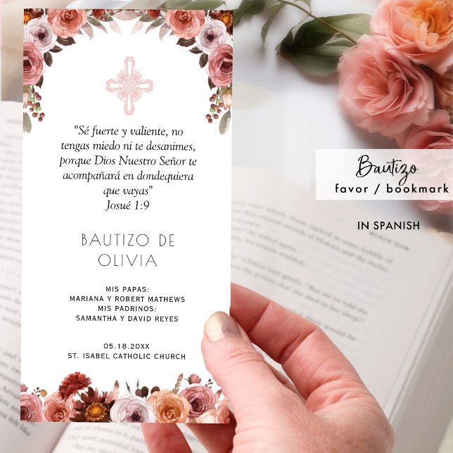 Spanish, Blush Pink Floral Baptism Bookmark Favor Thank You Card (Creator Uploaded)