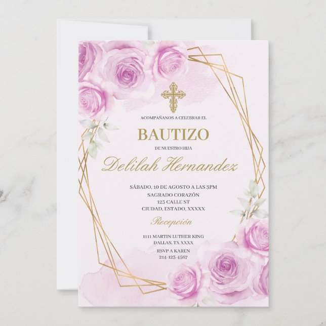Spanish blush pink  floral baptism invitation (Front)