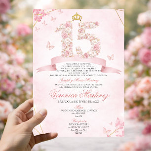 Spanish Blush Pink Floral Crown Butterfly 15 Años Invitation
